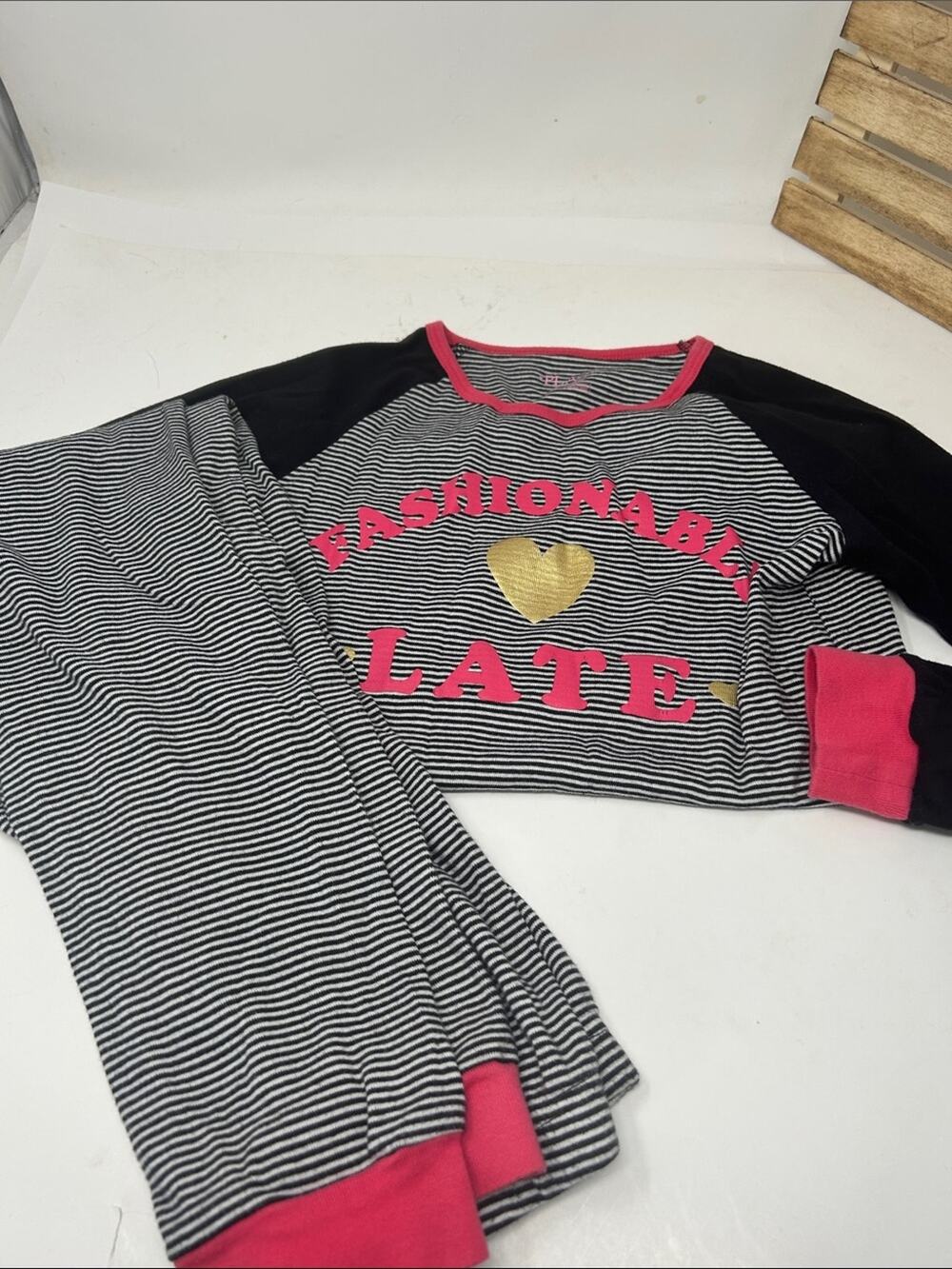 Place Girls Black & Pink Striped Pajama Set with Gold Heart Size 12